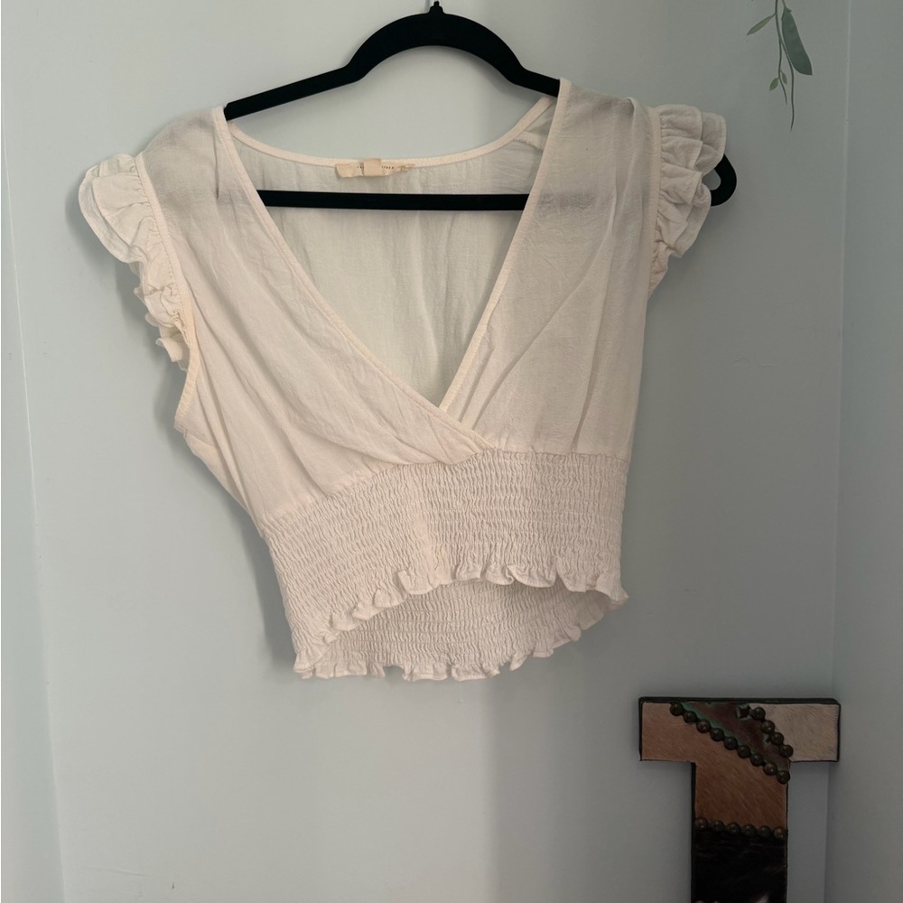 Cream Smocked Wrap Crop Top with Ruffle Sleeves
